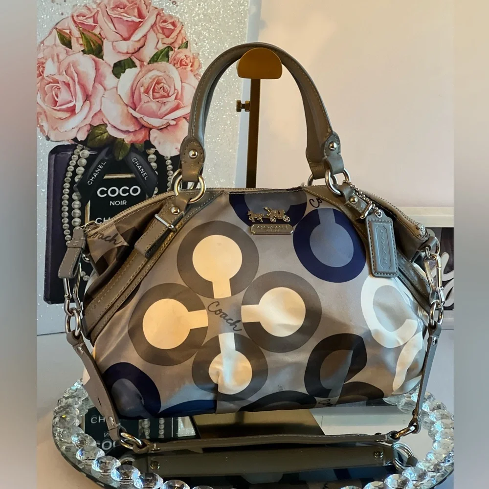 Coach Madison Sophia Clover Logo Gray/Blue Sateen and Leather shoulder bag